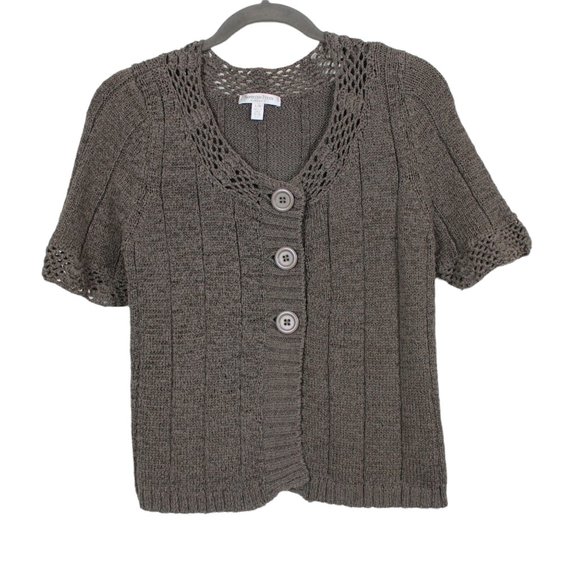 Conrad C Portion Petite Taupe Short Sleeve Knit Cardigan - Picture 1 of 12